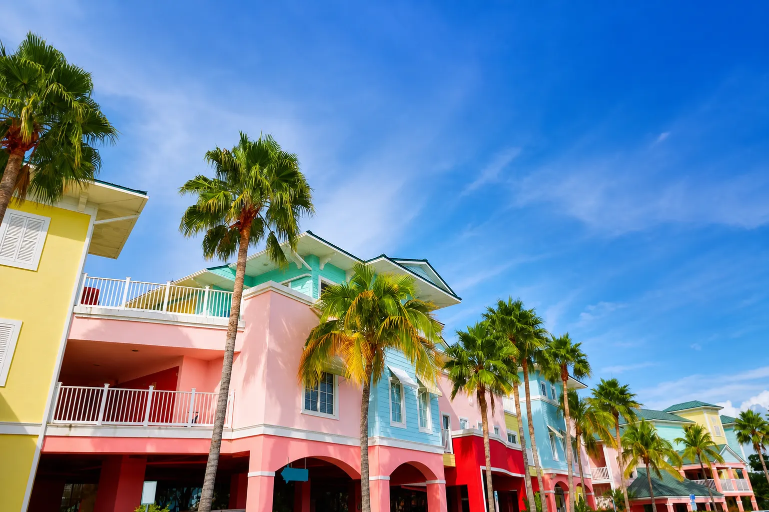 Colorful coastal architecture along the Southwest Florida waterfront