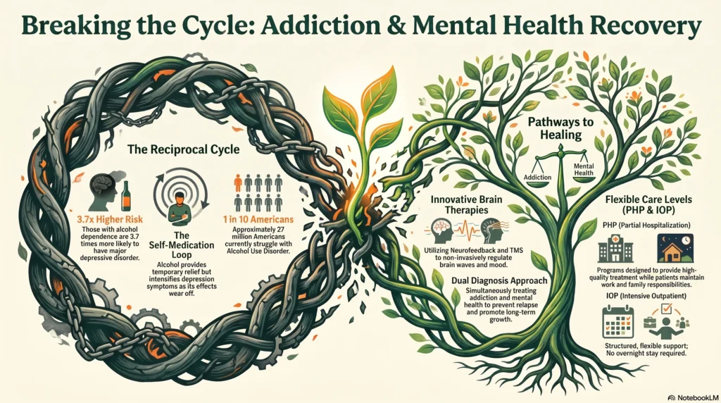 Infographic on the addiction-depression cycle, showing risk statistics and Sprout Recovery's dual diagnosis treatment, neurofeedback, TMS, PHP, and IOP programs.