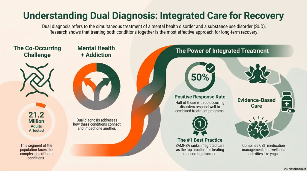 Infographic on dual diagnosis, showing SAMHSA's top-ranked treatment approach and the 50% positive response rate for co-occurring disorders.