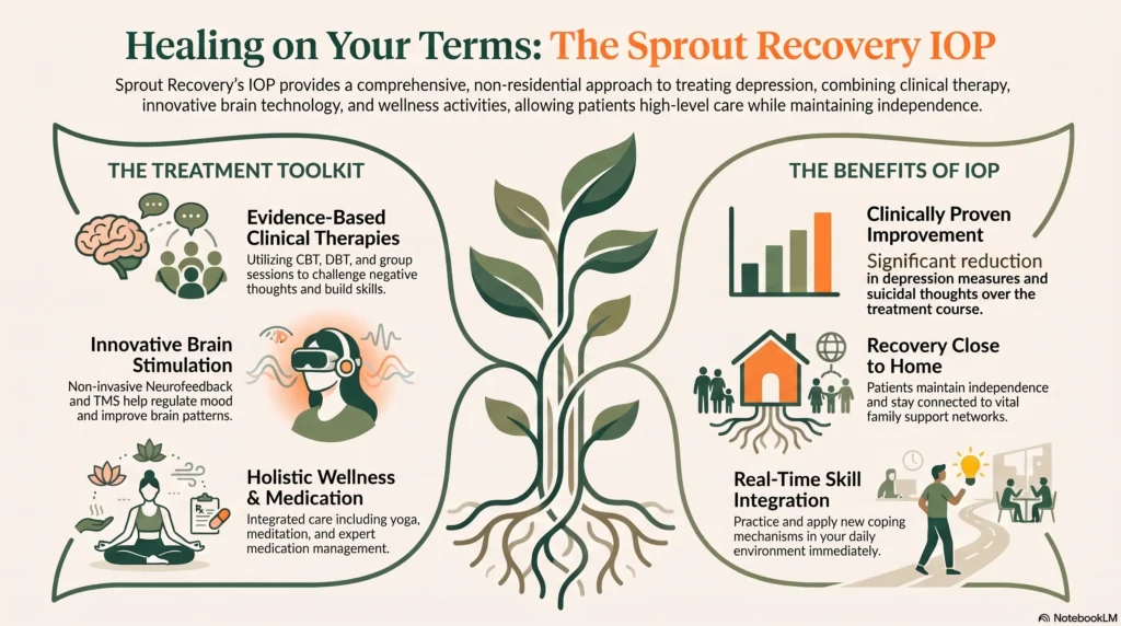 Alt Text: Infographic on Sprout Recovery's IOP treatment toolkit and benefits for depression, including CBT, DBT, neurofeedback, TMS, and family support.