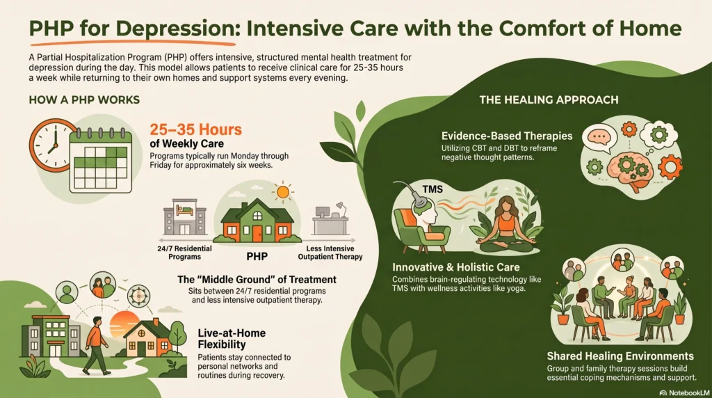 Infographic on PHP for depression, showing how it works, its place between residential and outpatient care, and the healing approach.