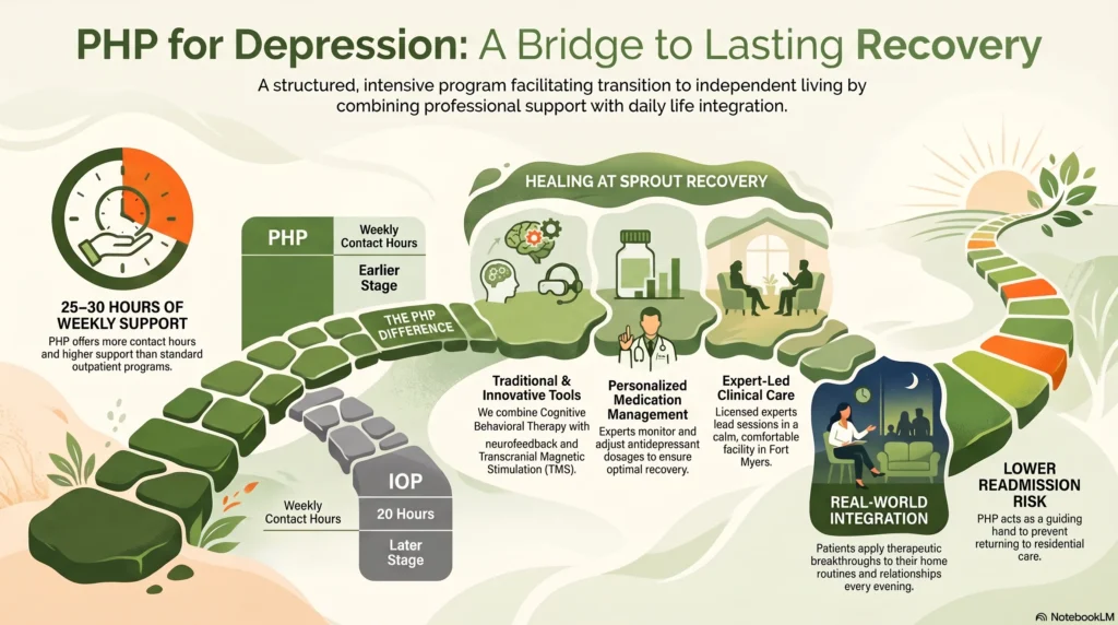 Infographic on PHP for depression, showing weekly support hours, the healing approach at Sprout Recovery, and lower readmission risk.
