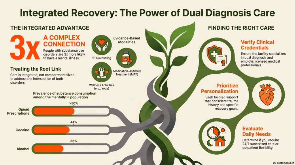 Infographic on dual diagnosis care, showing the 3x link between substance use disorders and mental illness, and how to find the right treatment.