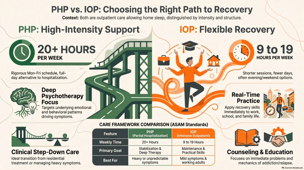 Infographic comparing PHP and IOP care by weekly hours, schedule, and clinical focus, noting both are outpatient with no overnight stay.