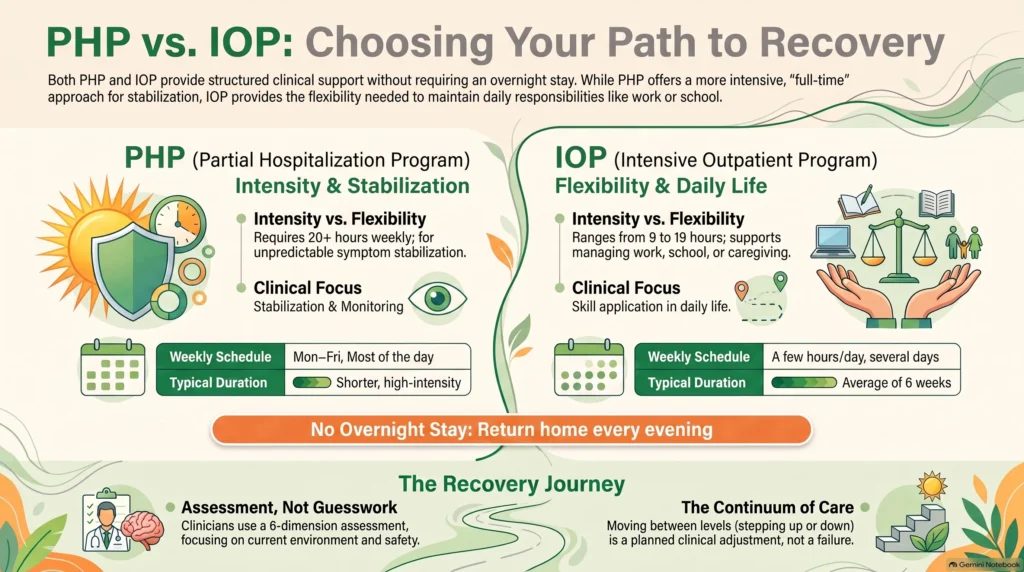 Infographic comparing PHP and IOP under ASAM standards, contrasting weekly hours, primary goals, and who each level of care is best for.