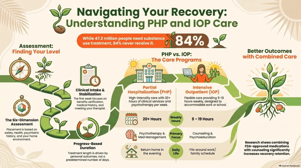 Infographic on navigating addiction recovery, comparing PHP and IOP care by weekly hours, primary focus, and daily life, plus the six-dimension assessment.